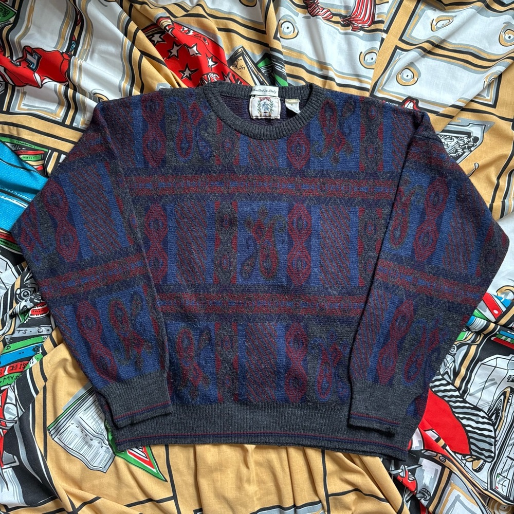 Vintage Sears Roebuck acrylic wool sweater XL Italy blue paisley pattern